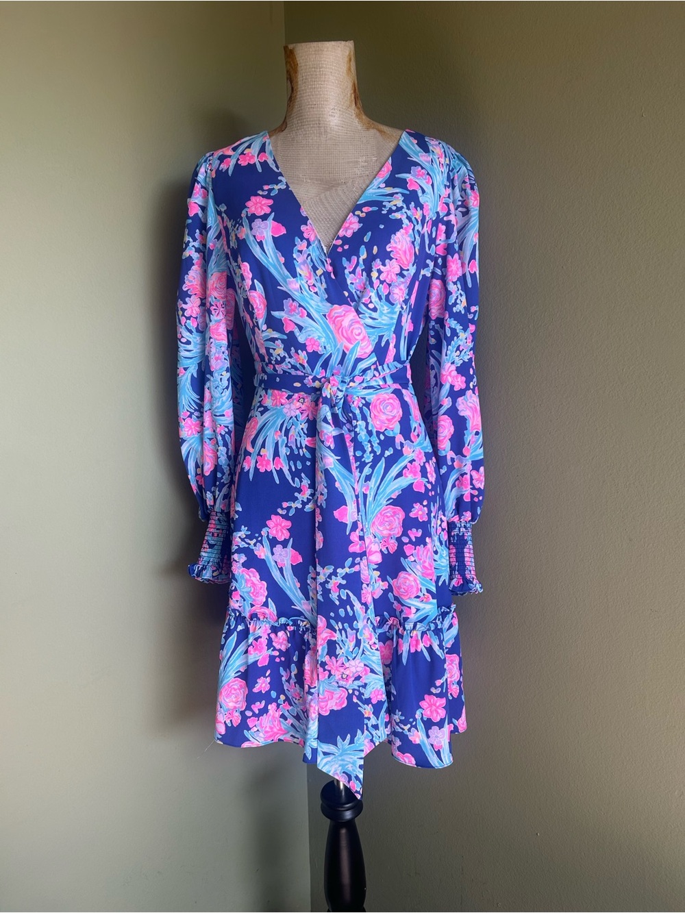 Lilly Pulitzer Long Sleeve Tie Sash  Blue Dress with Pink & Aqua Floral Print